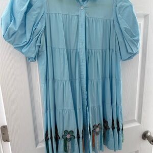 QUEEN OF SPARKLES Blue Puff Sleeve Dress with beaded hem